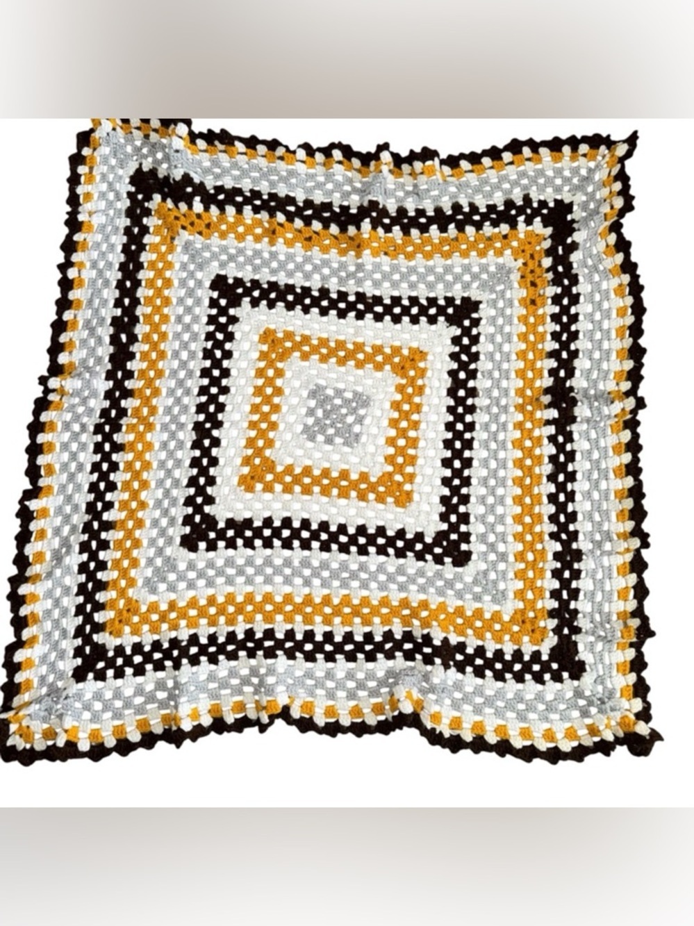 Handmade Crochet Granny Square Blanket 36x36 Brown Gold White Gray Throw